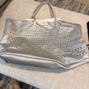 Saks Fifth Ave faux leather Silver Perforated Tote Bag